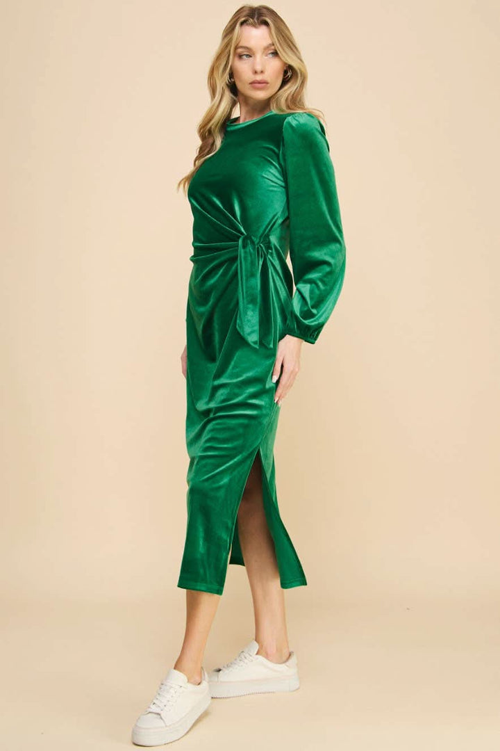 Green Velvet Midi Dress with Knot Detail - Lolo Viv Boutique