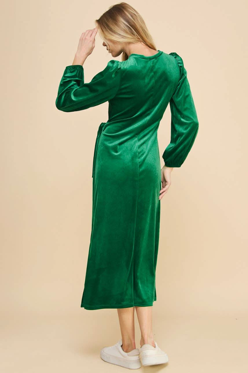 Green Velvet Midi Dress with Knot Detail - Lolo Viv Boutique