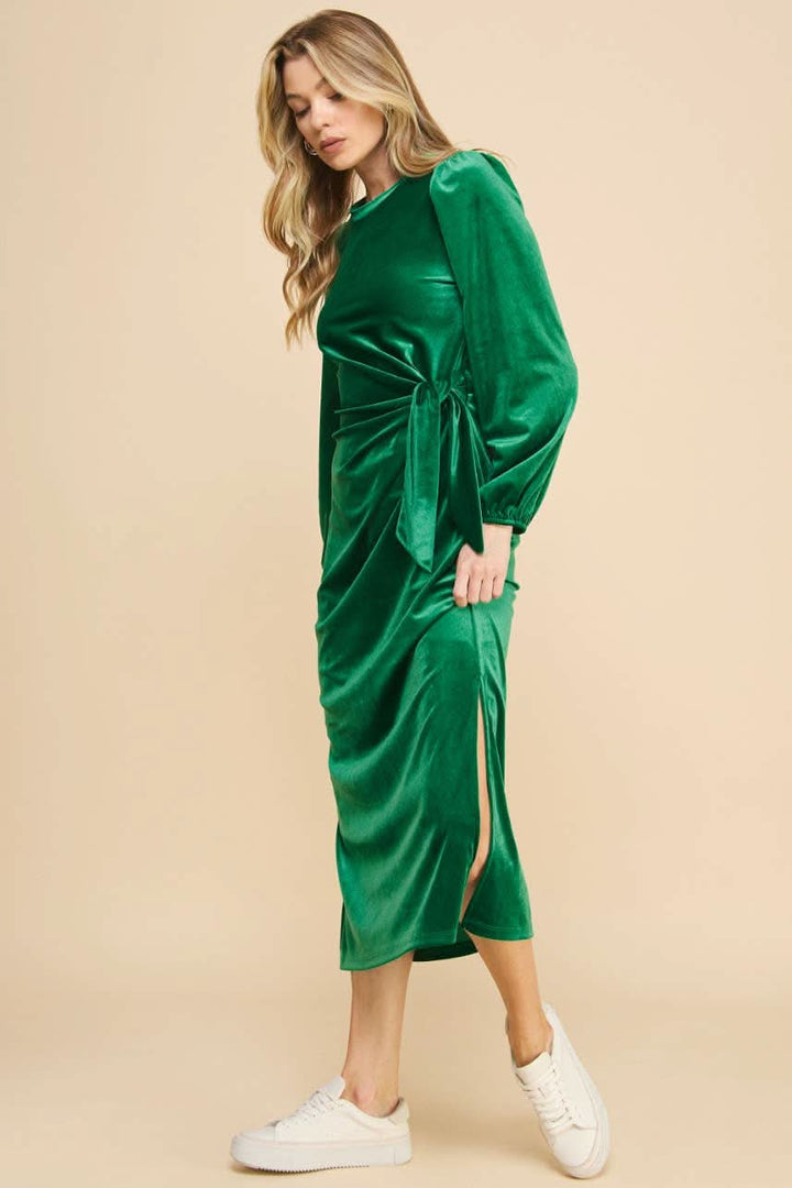 Green Velvet Midi Dress with Knot Detail - Lolo Viv Boutique