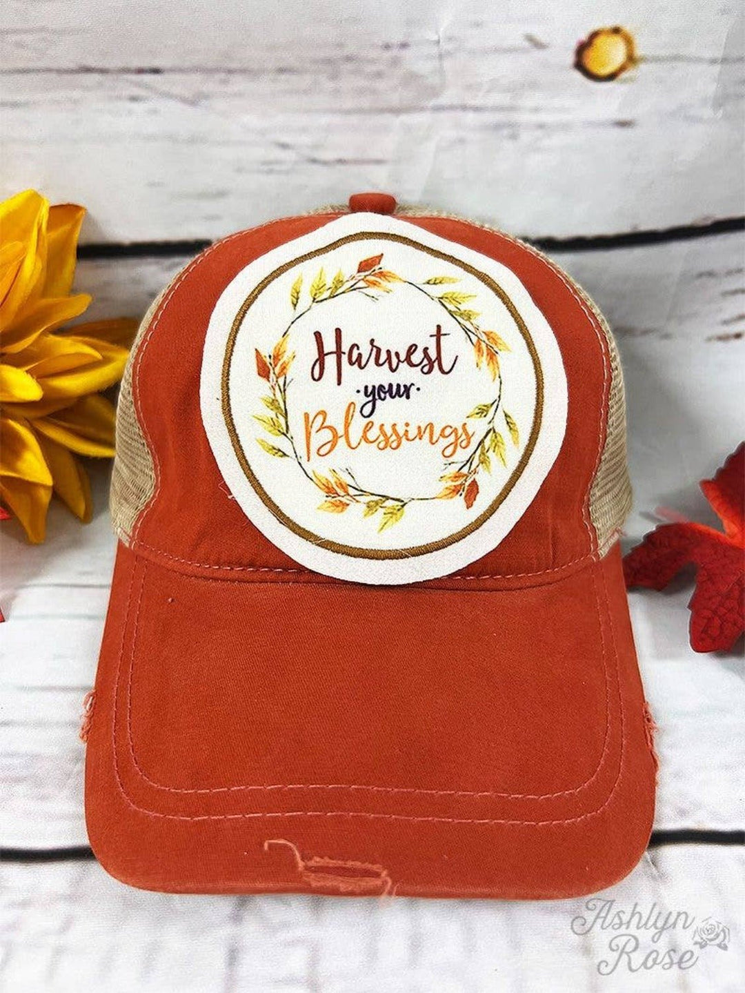 Harvest Your Blessings Patch on Burnt Orange High Ponytail Hat with Beige Mesh - Lolo Viv Boutique