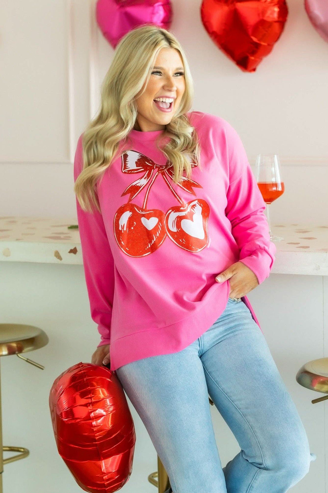 Heart Cherries on Pink Sweatshirt - Reg & Curvy - Lolo Viv Boutique