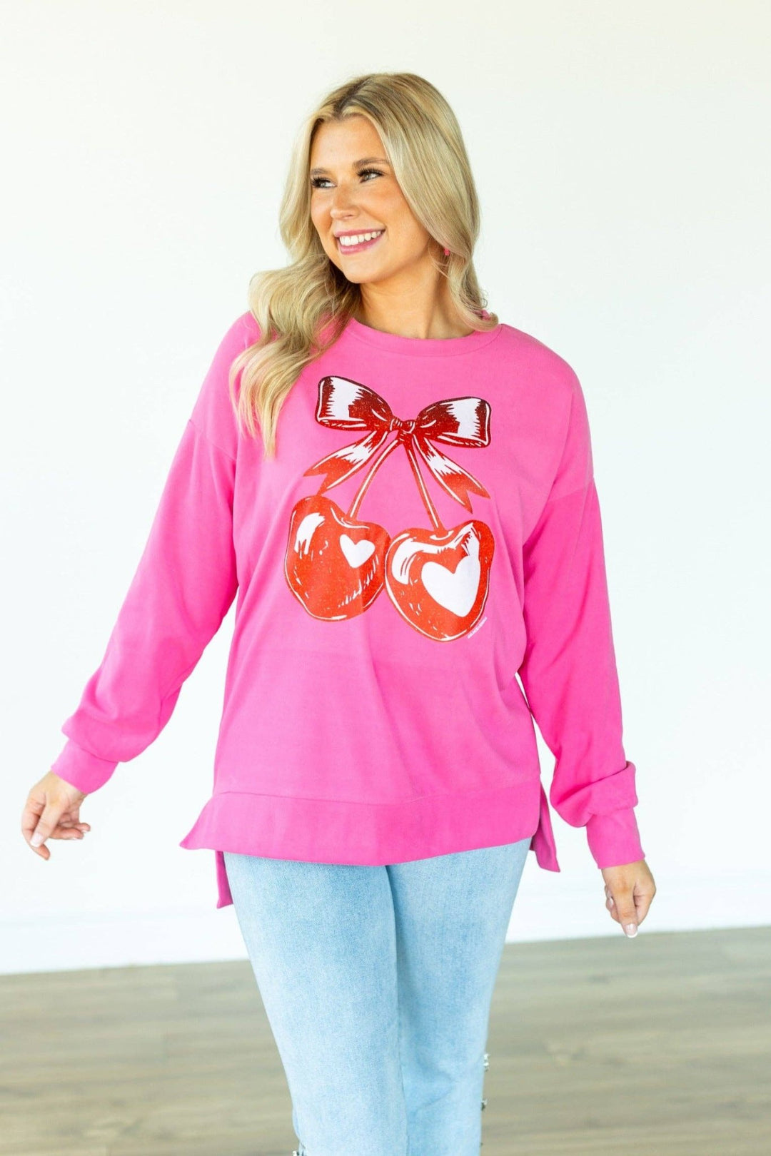 Heart Cherries on Pink Sweatshirt - Reg & Curvy - Lolo Viv Boutique