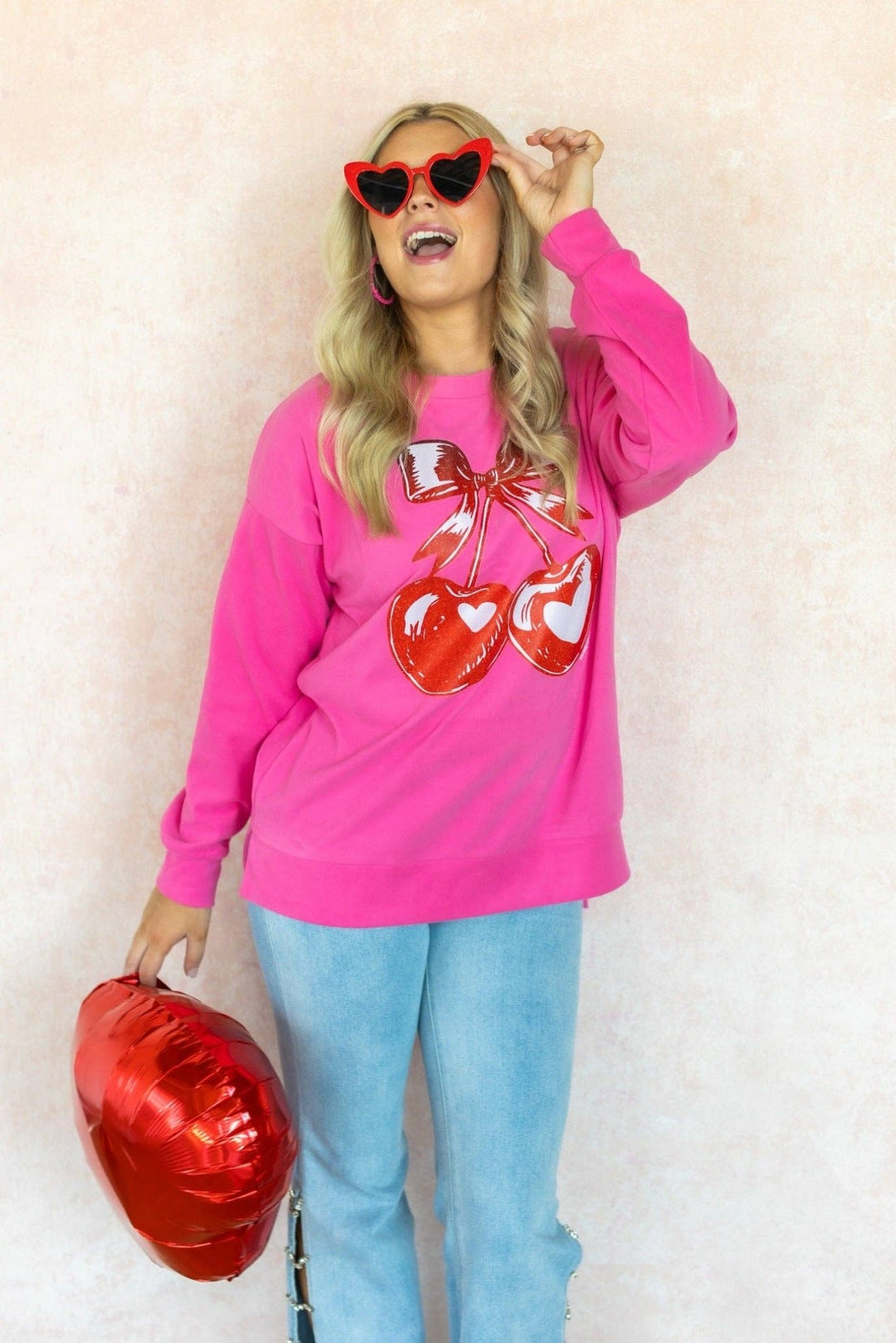 Heart Cherries on Pink Sweatshirt - Reg & Curvy - Lolo Viv Boutique