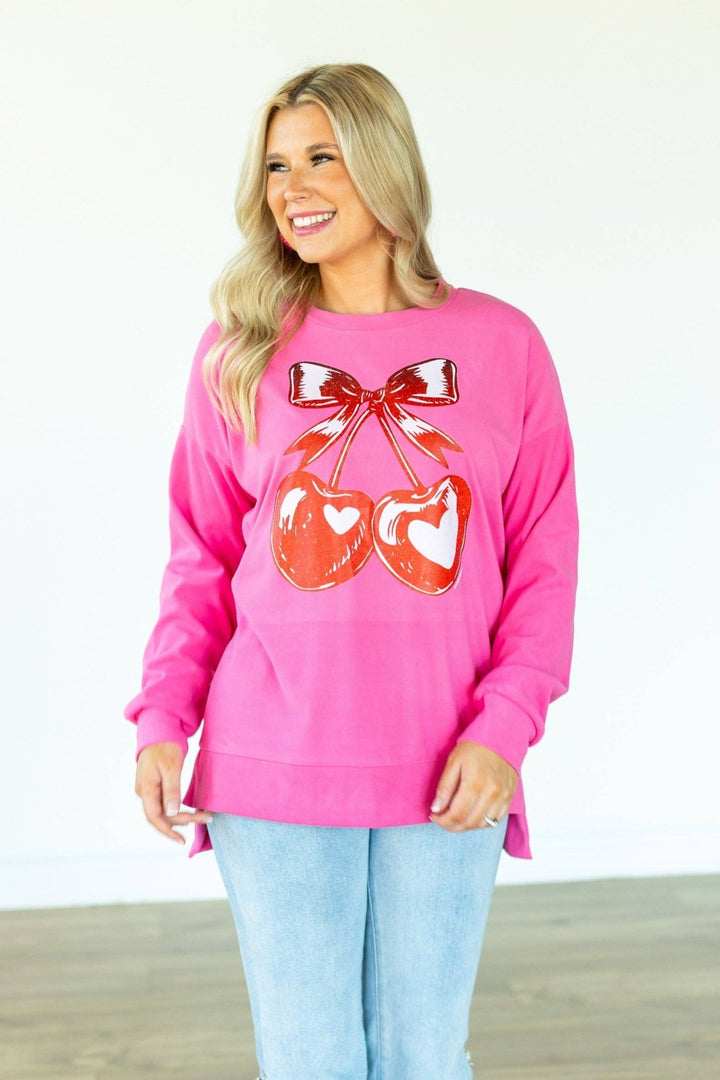 Heart Cherries on Pink Sweatshirt - Reg & Curvy - Lolo Viv Boutique