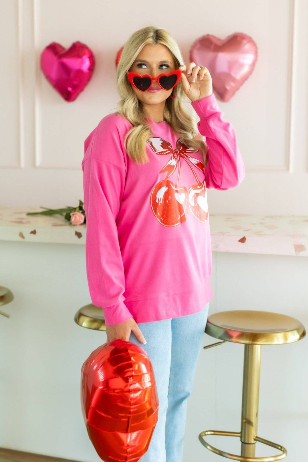 Heart Cherries on Pink Sweatshirt - Reg & Curvy - Lolo Viv Boutique