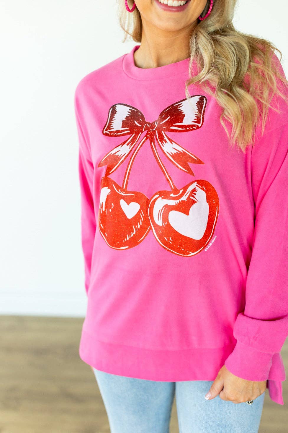 Heart Cherries on Pink Sweatshirt - Reg & Curvy - Lolo Viv Boutique