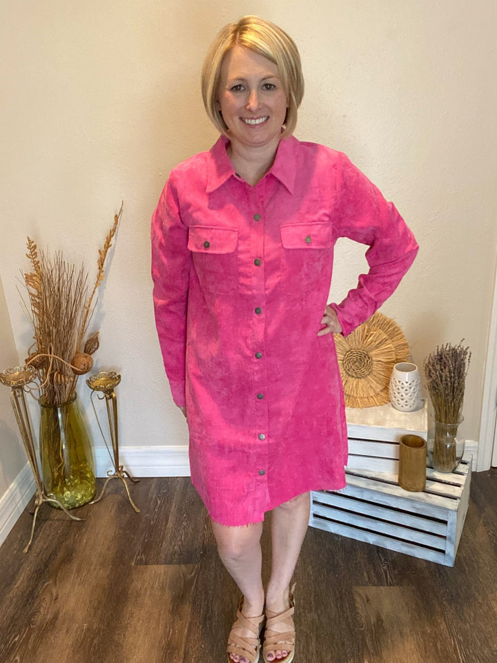 Long Sleeve Pink Corduroy Shirt Dress - Lolo Viv Boutique