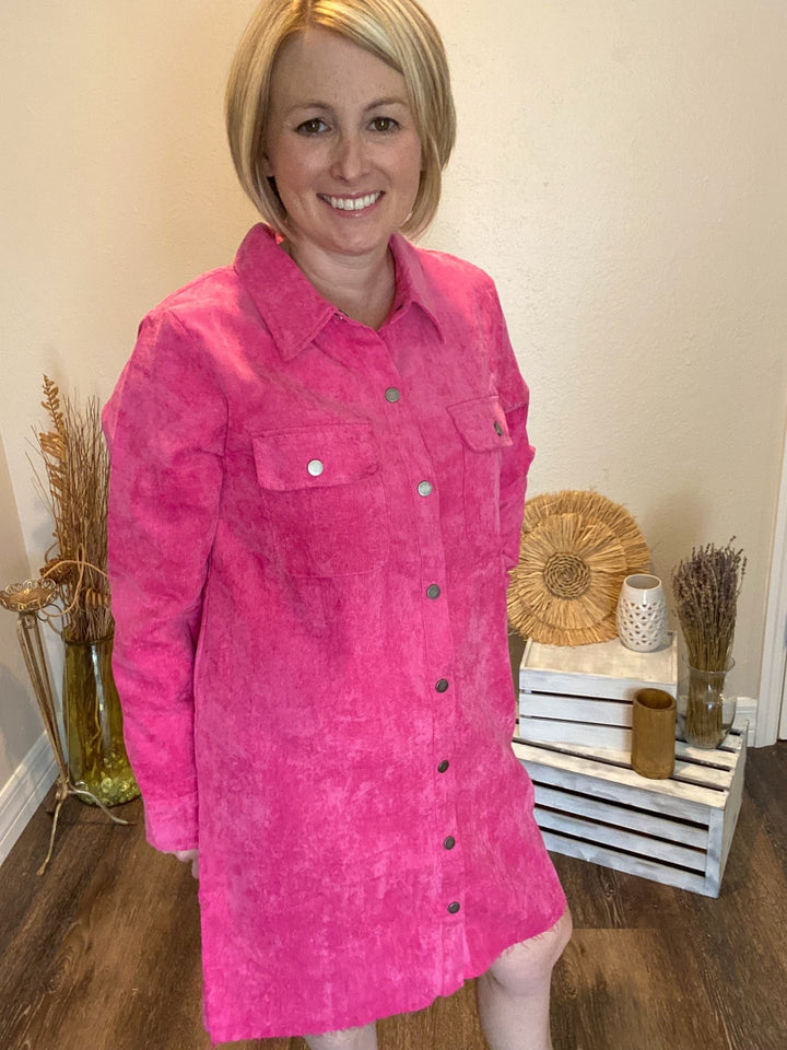 Long Sleeve Pink Corduroy Shirt Dress - Lolo Viv Boutique