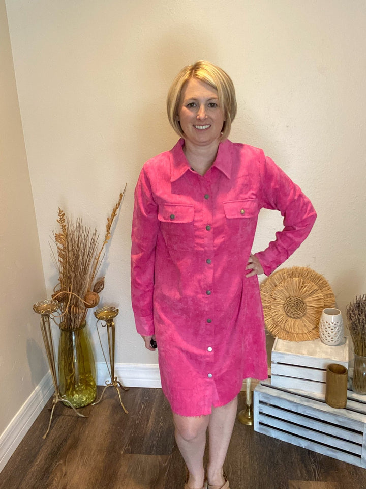 Long Sleeve Pink Corduroy Shirt Dress - Lolo Viv Boutique