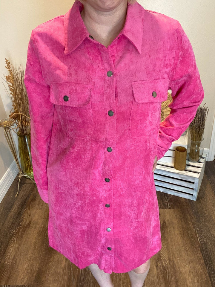 Long Sleeve Pink Corduroy Shirt Dress - Lolo Viv Boutique