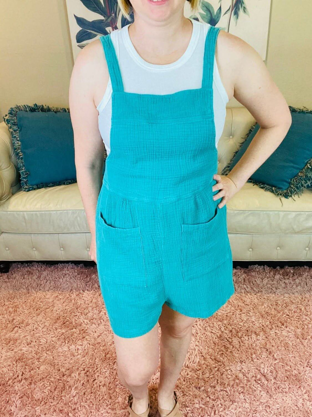 Mineral Washed Teal Double Gauze Overall Romper - Lolo Viv Boutique