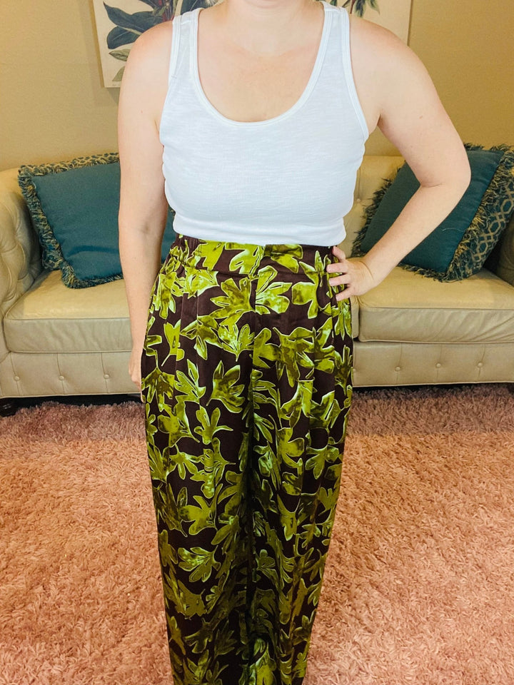 Mocha and Green Leaf Satin Fall Pants - Lolo Viv Boutique