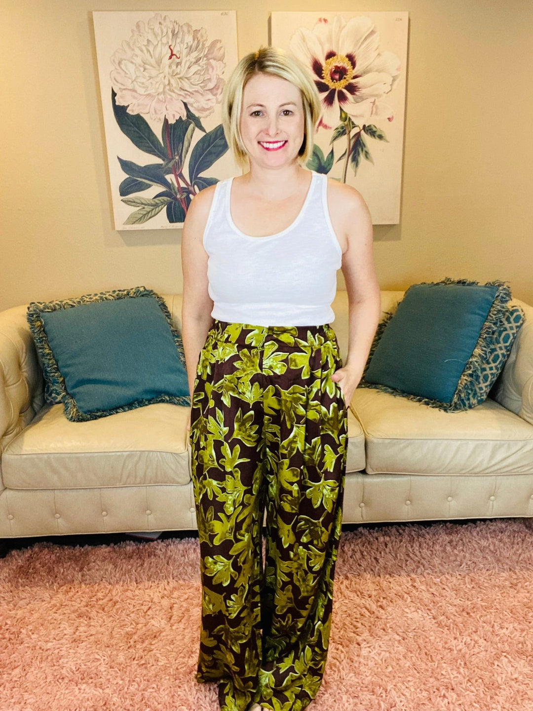 Mocha and Green Leaf Satin Fall Pants - Lolo Viv Boutique