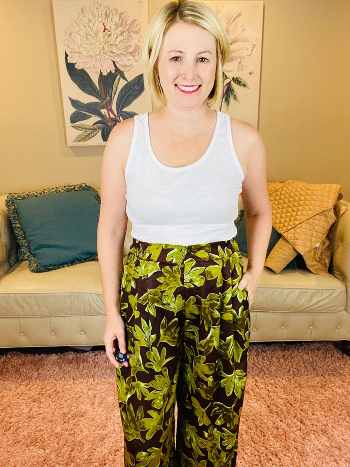 Mocha and Green Leaf Satin Fall Pants - Lolo Viv Boutique