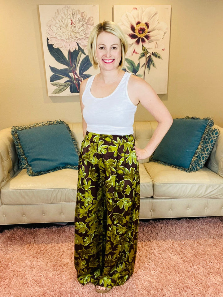 Mocha and Green Leaf Satin Fall Pants - Lolo Viv Boutique