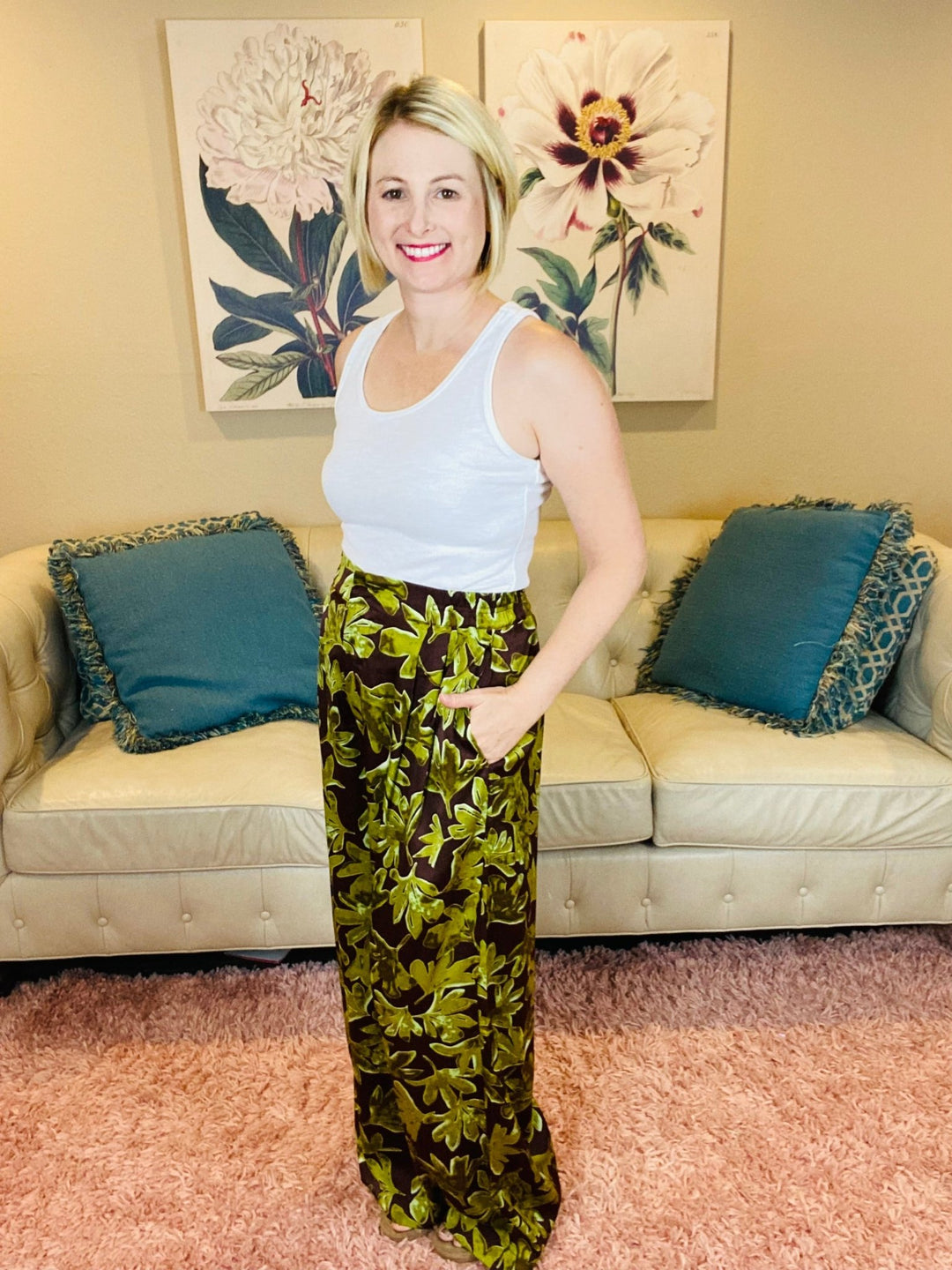 Mocha and Green Leaf Satin Fall Pants - Lolo Viv Boutique