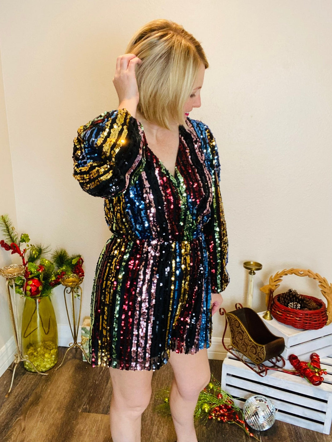 Multi Stripe Sequin Wrap Romper - Lolo Viv Boutique