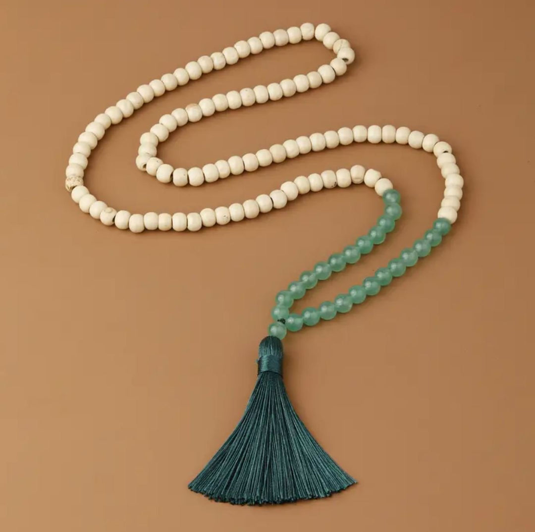 Natural Stone and Wood Beaded Tassel Necklace - 2 Colors - Lolo Viv Boutique