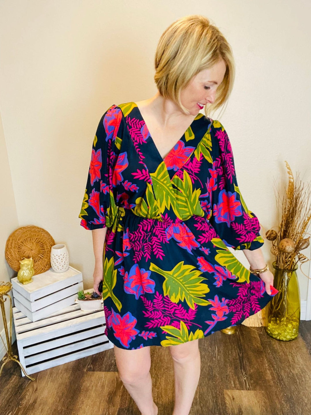 Navy V - Neck Fall Floral Dress - Lolo Viv Boutique