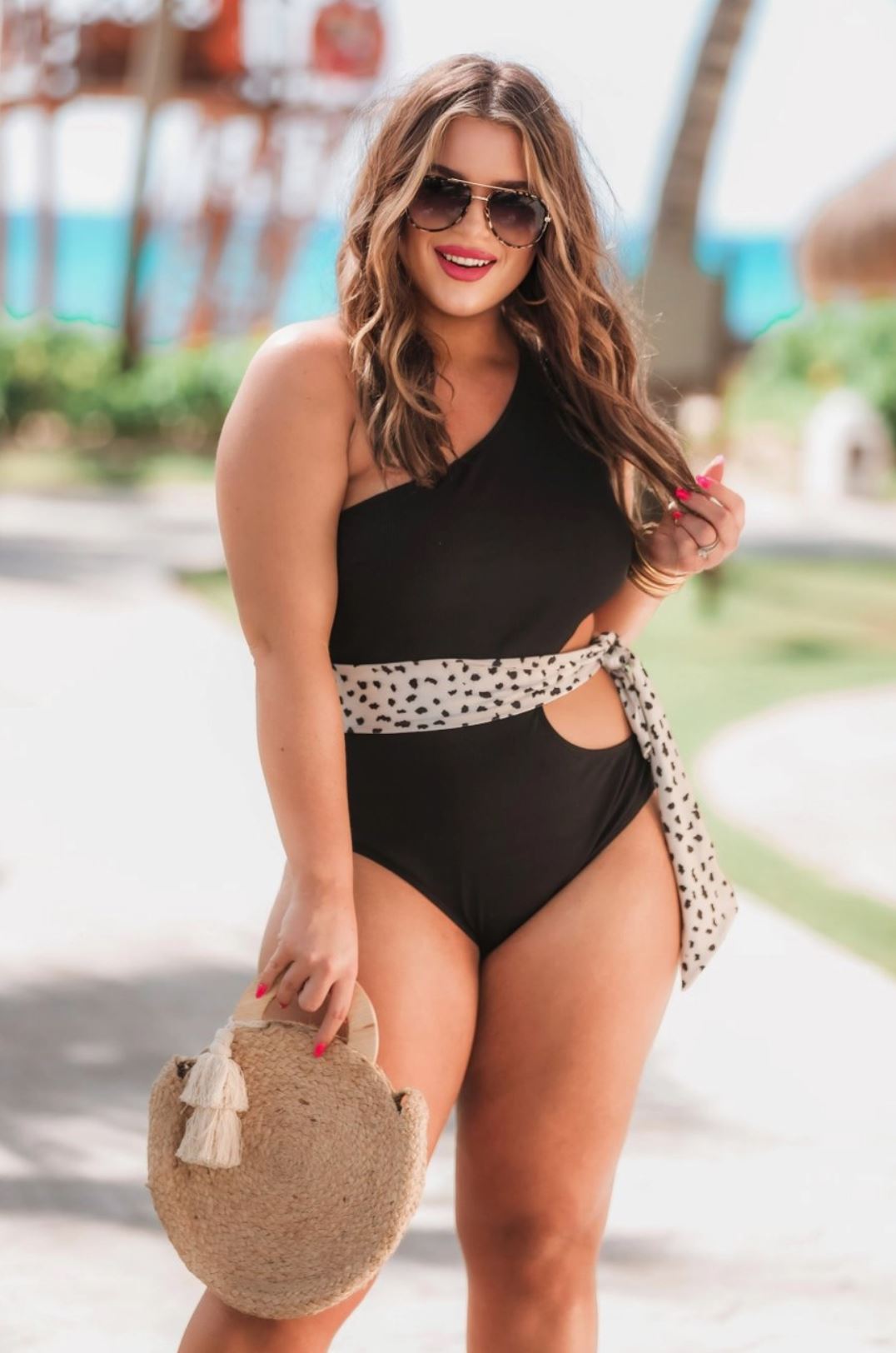 One Shoulder Black Swimsuit with Tie - Curvy - Lolo Viv Boutique