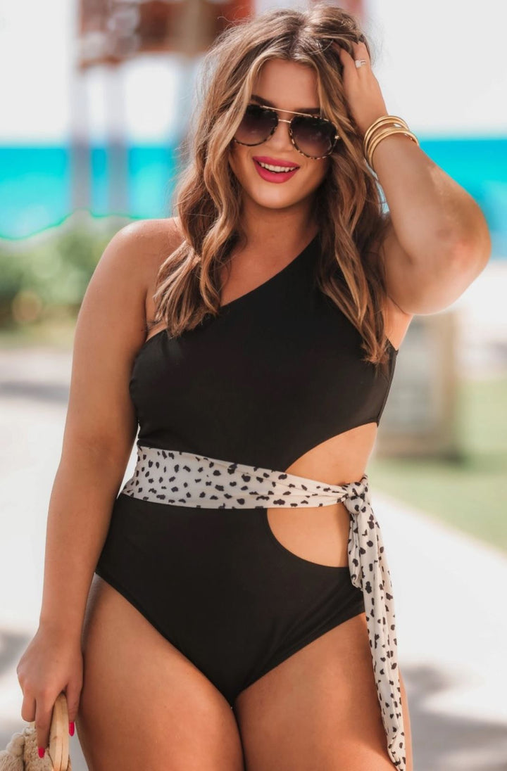 One Shoulder Black Swimsuit with Tie - Curvy - Lolo Viv Boutique