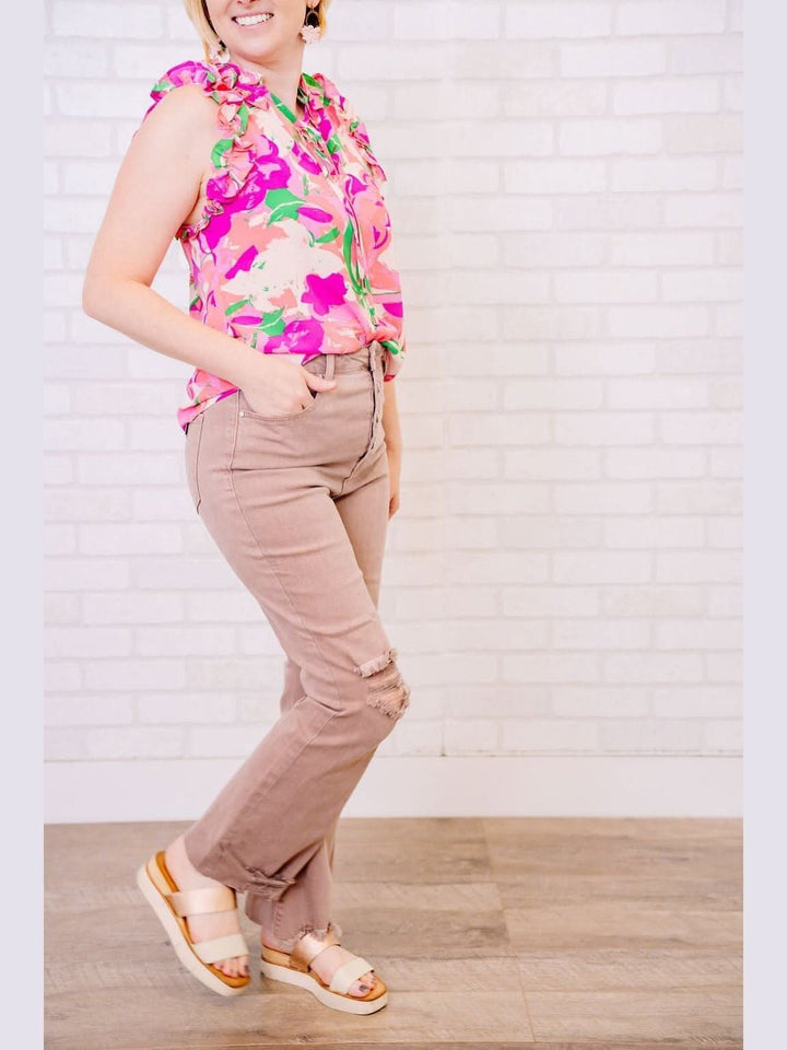 Orchid Floral Print Top with V Neck - Lolo Viv Boutique