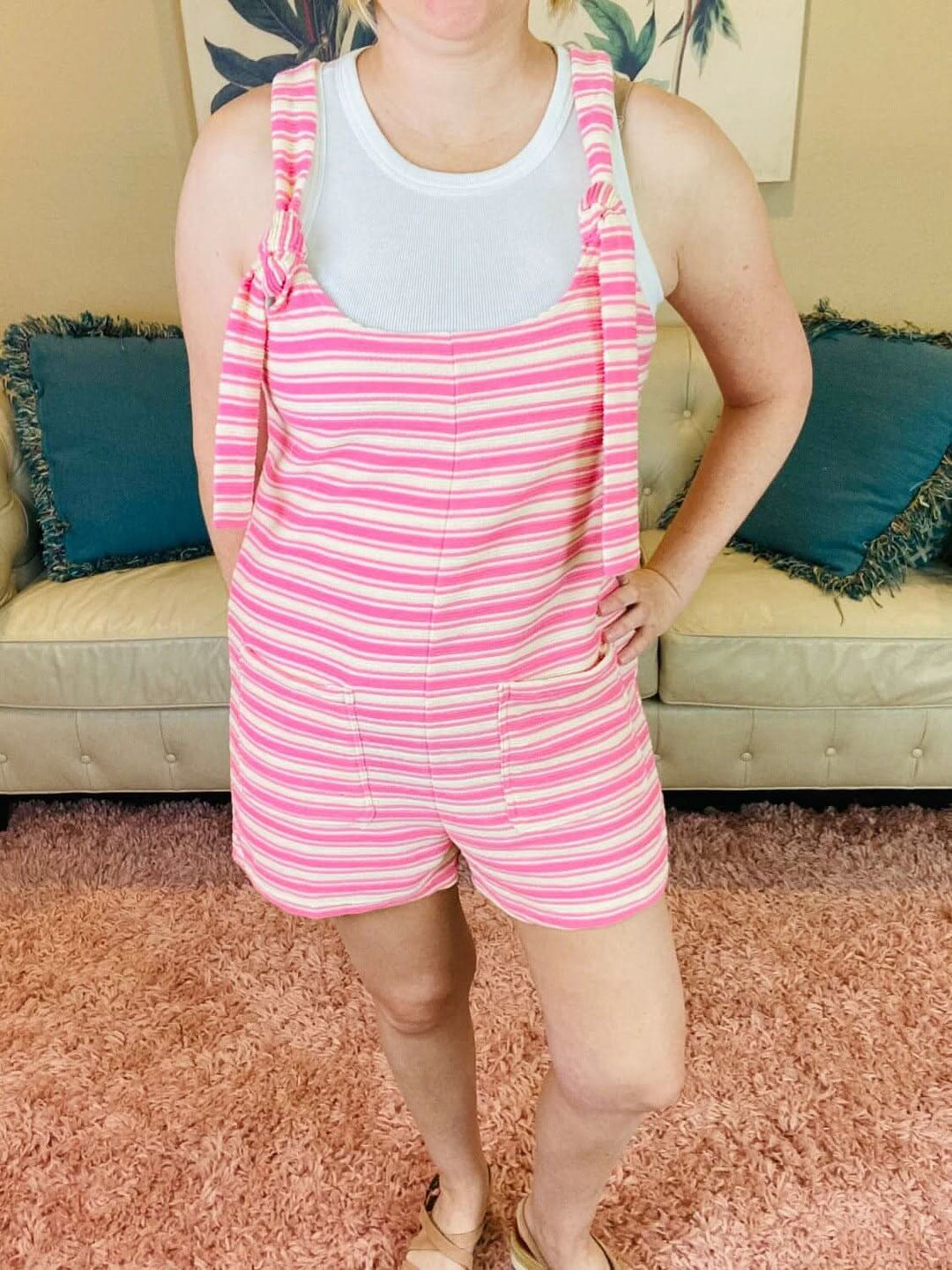 Pink and Cream Striped Romper with Pockets - Lolo Viv Boutique