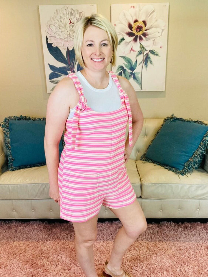 Pink and Cream Striped Romper with Pockets - Lolo Viv Boutique