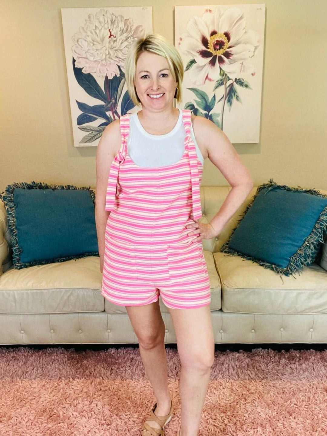 Pink and Cream Striped Romper with Pockets - Lolo Viv Boutique