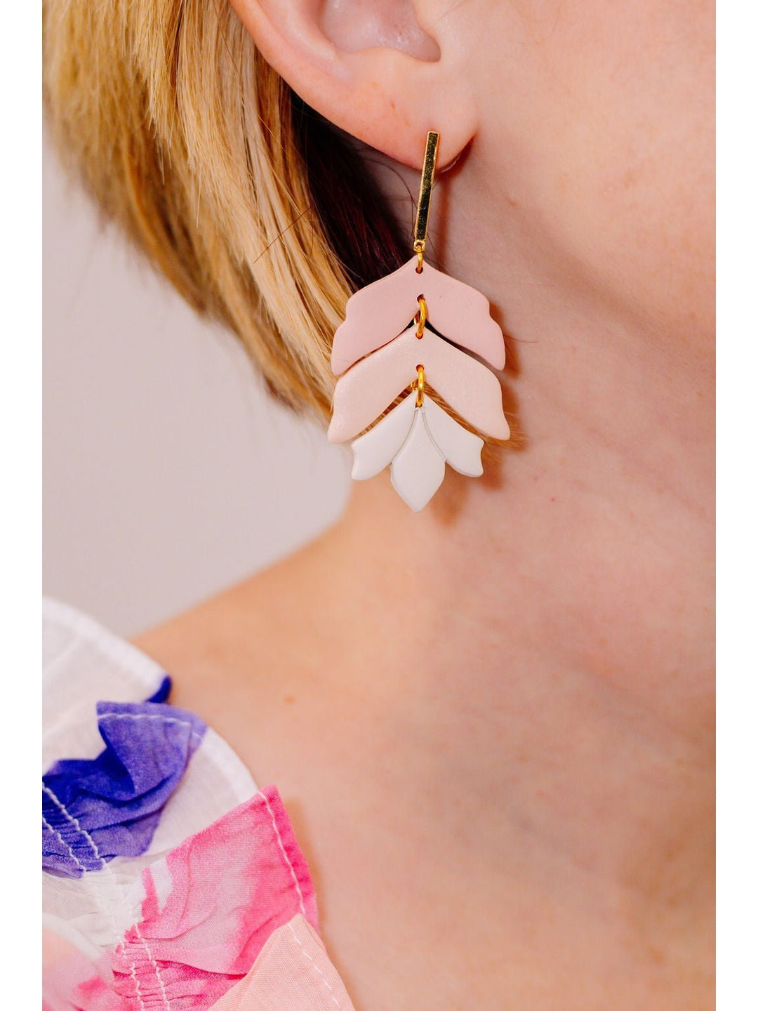 Pink and White Bar Patterned Leaf Dangle Earrings - Lolo Viv Boutique