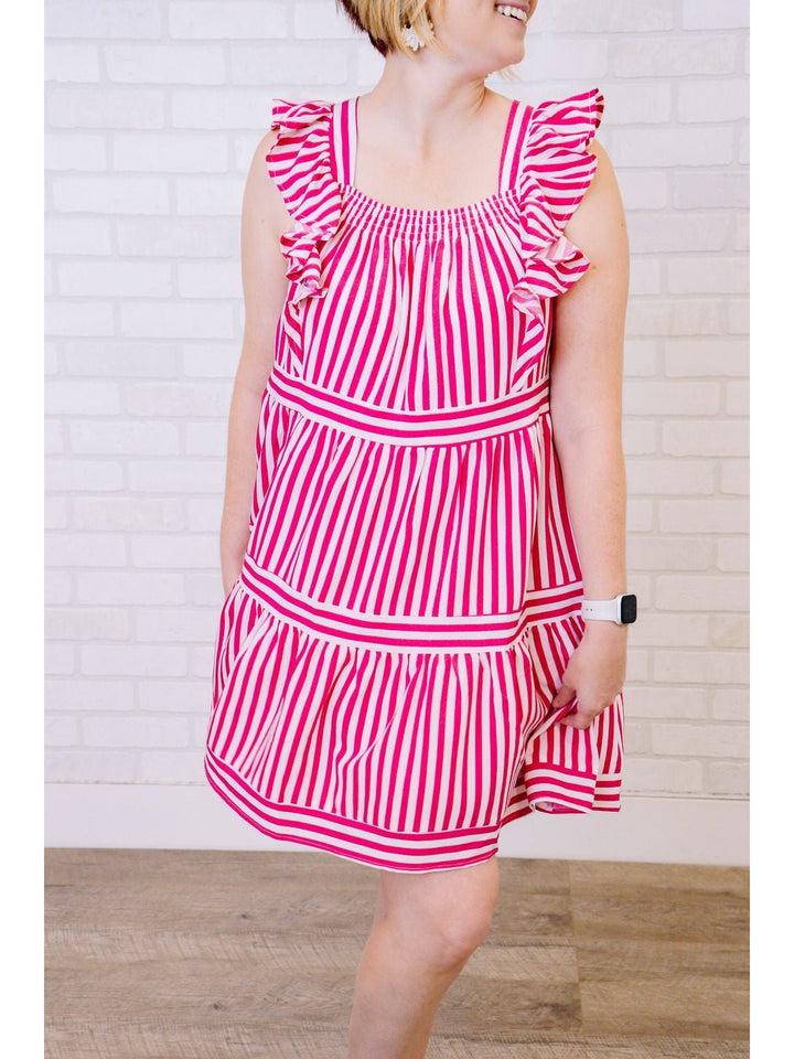 Pink and White Striped Dress with Flutter Sleeves - Lolo Viv Boutique