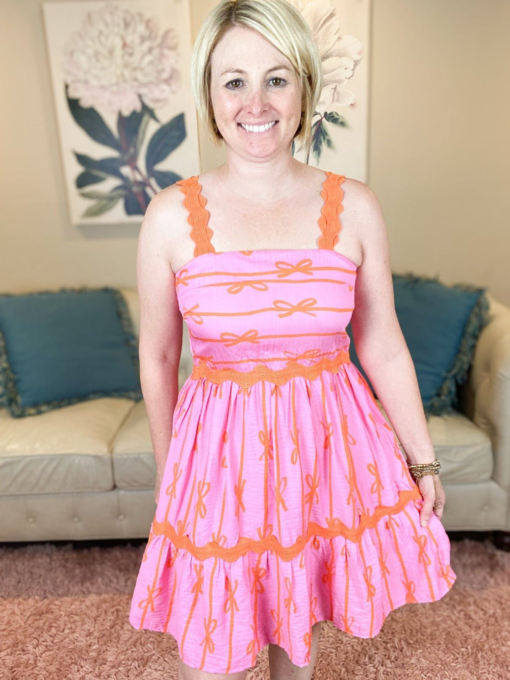 Pink Dress with Orange Bows and Ric Rac - Lolo Viv Boutique
