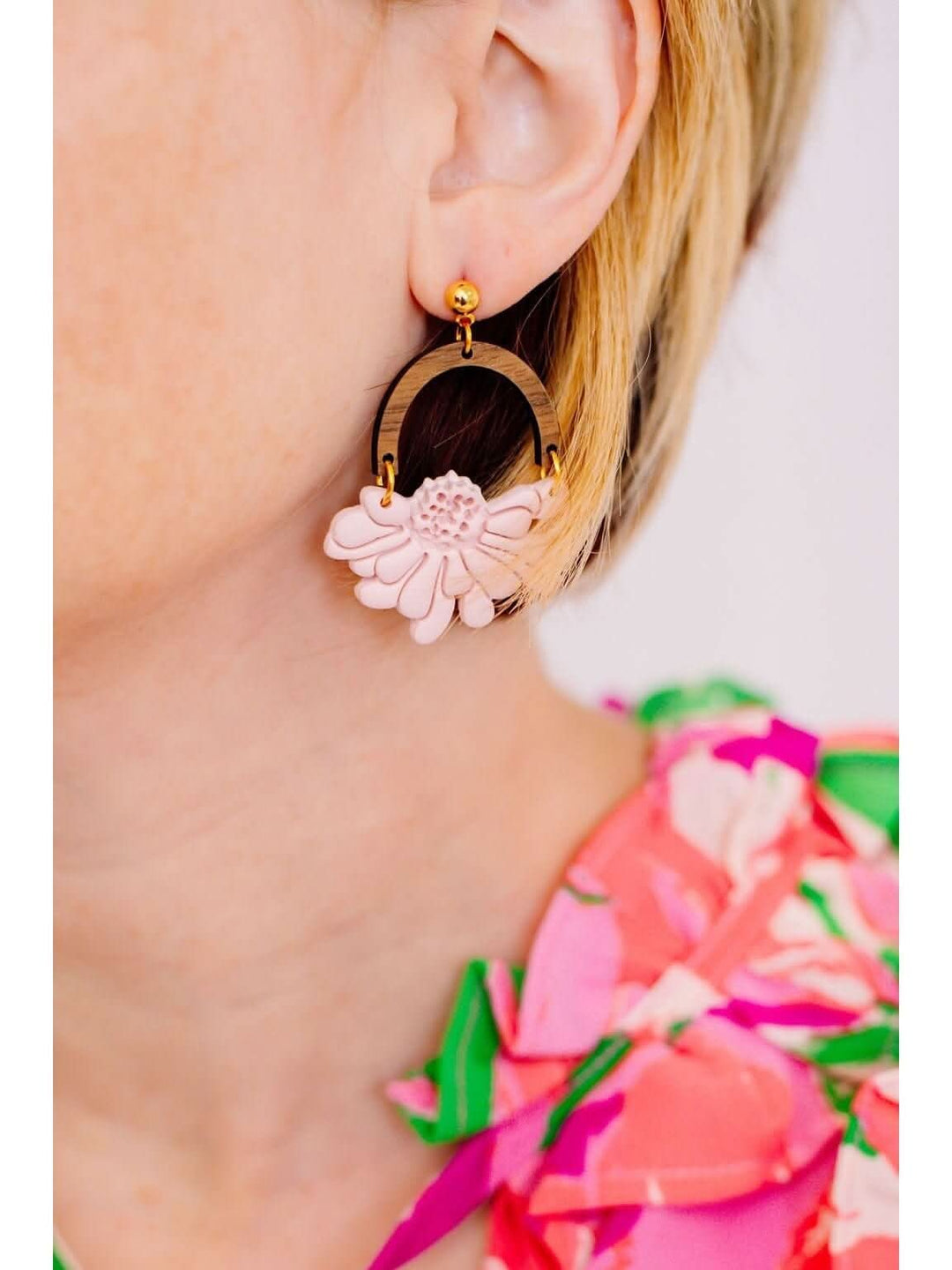 Pink Flower Arch Clay & Wooden Earrings - Lolo Viv Boutique