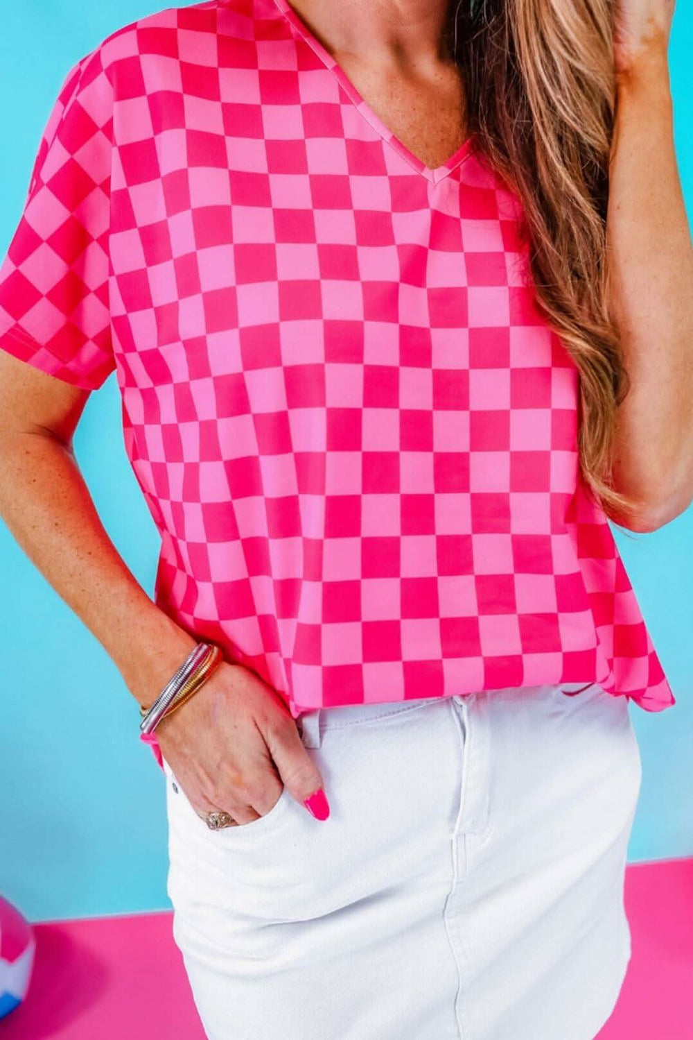 Pink on Pink Checked Tunic Top - Lolo Viv Boutique