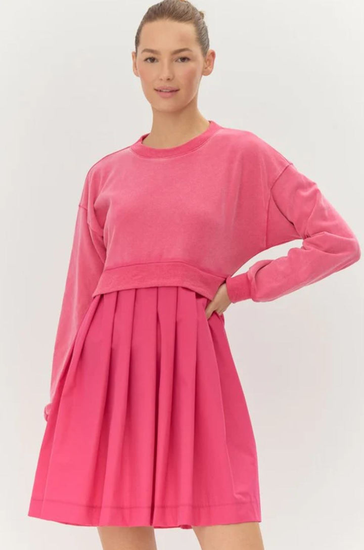 Pink Sweatshirt Dress with Pleated Bottom Detail - Lolo Viv Boutique