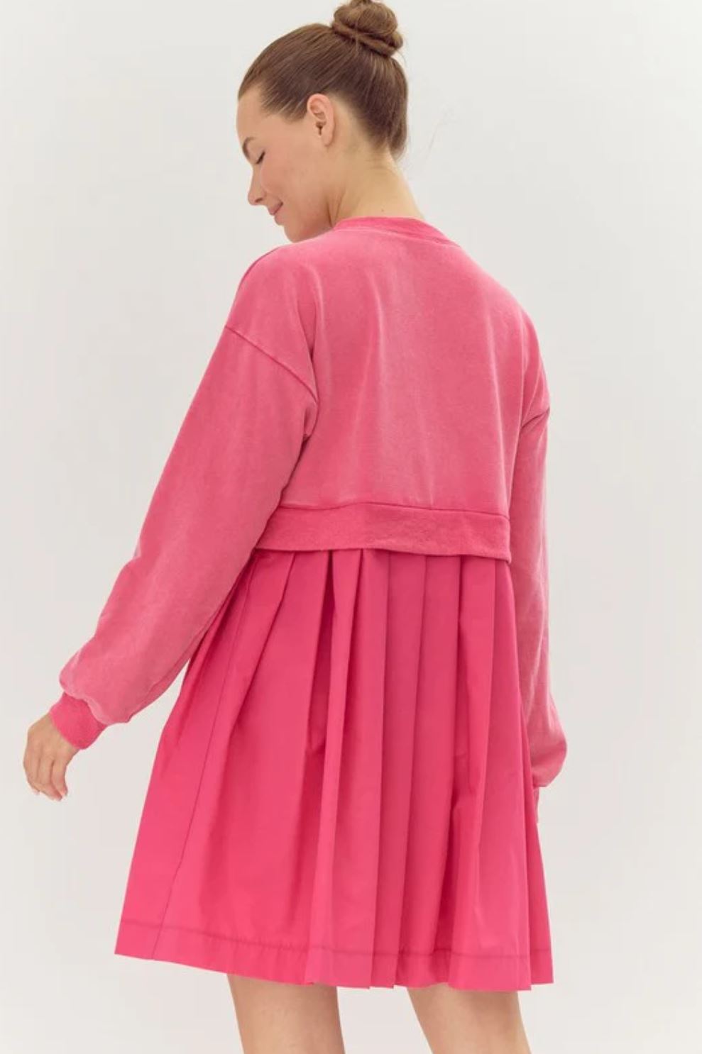 Pink Sweatshirt Dress with Pleated Bottom Detail - Lolo Viv Boutique