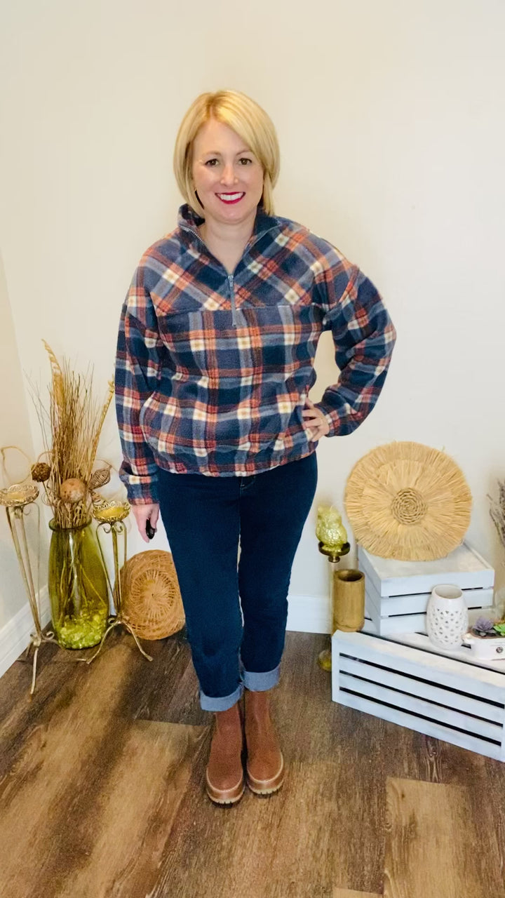 blue and orange plaid pullover with pockets video