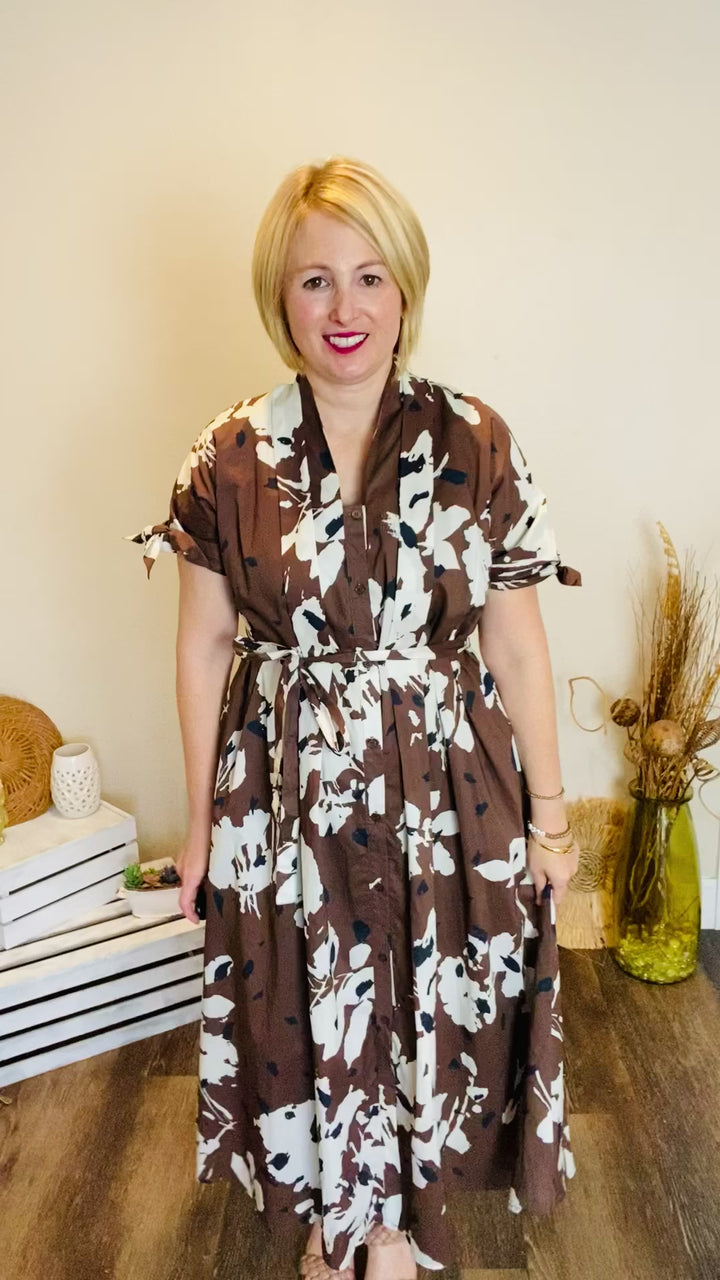 Brown & White Fall Floral Midi Dress