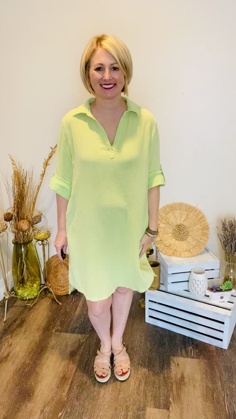 green mineral washed shirt dress with collar and button tab sleeves