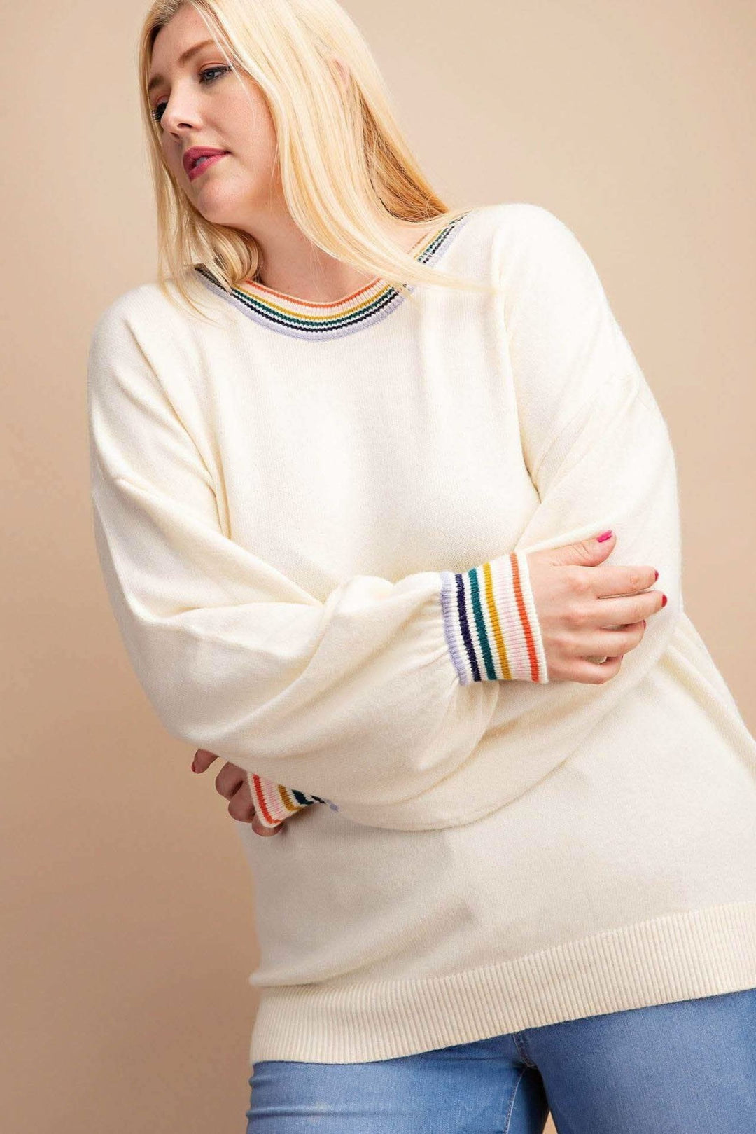 Rainbow Trim Balloon Sleeve Sweater - Curvy - Lolo Viv Boutique