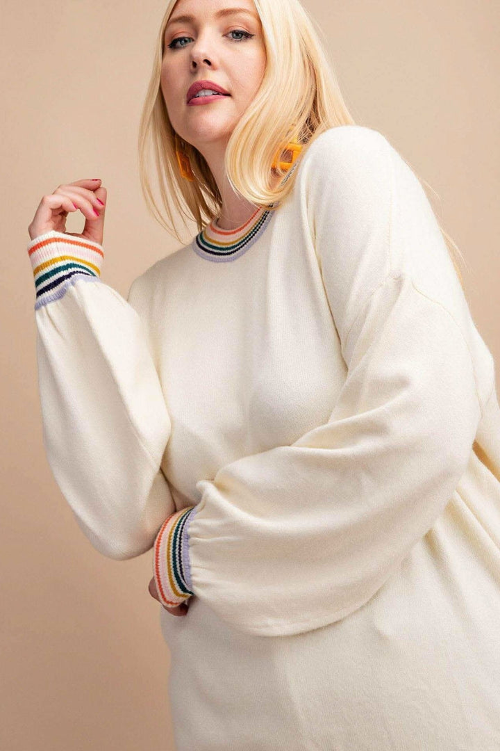 Rainbow Trim Balloon Sleeve Sweater - Curvy - Lolo Viv Boutique