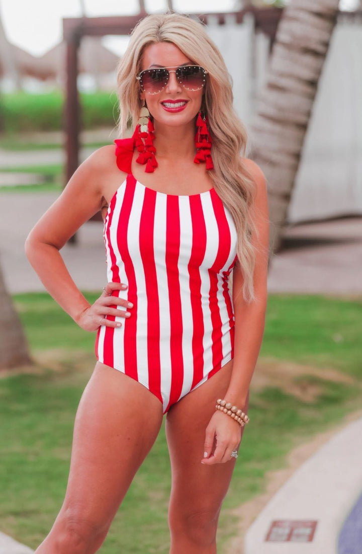 Red and White Striped One Piece Swimsuit - Lolo Viv Boutique