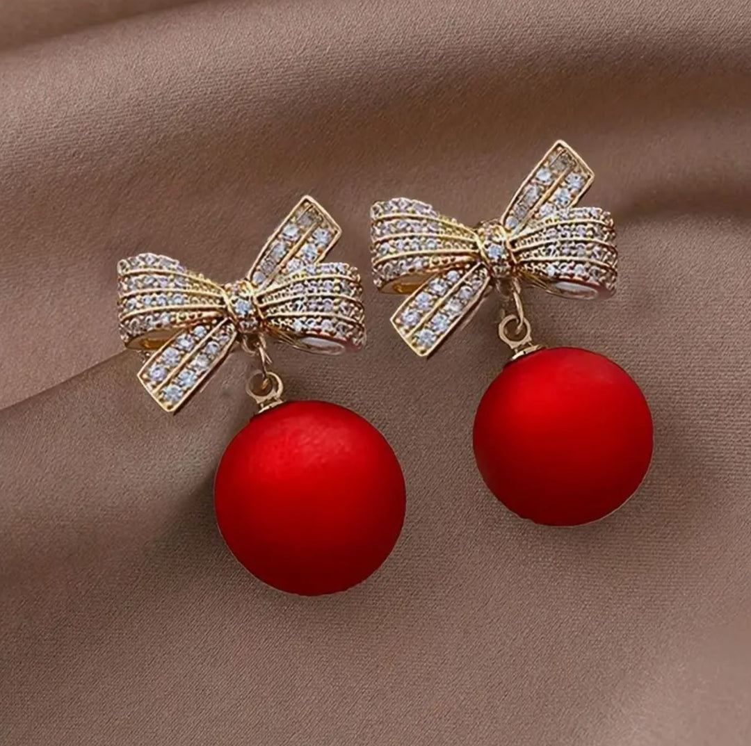 Red Earrings with Bow Knot Rhinestone Detail - Lolo Viv Boutique