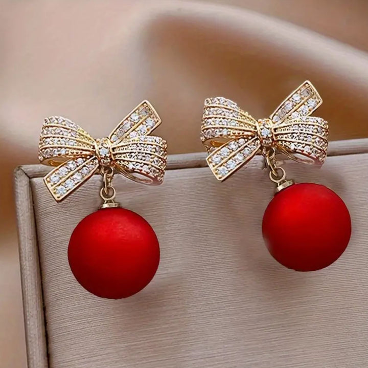 Red Earrings with Bow Knot Rhinestone Detail - Lolo Viv Boutique