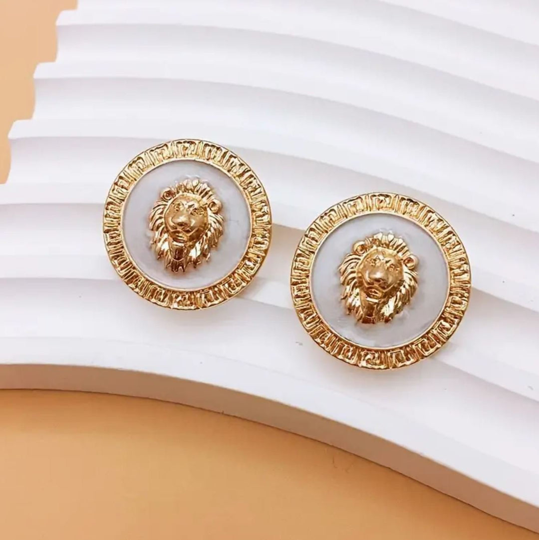 Regal Roar Lion Earrings in White & Gold - Lolo Viv Boutique