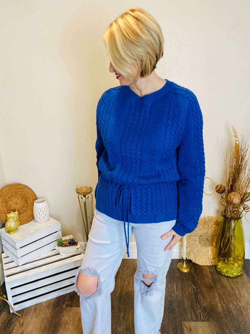 Royal Blue Cable Knit Sweater - Lolo Viv Boutique