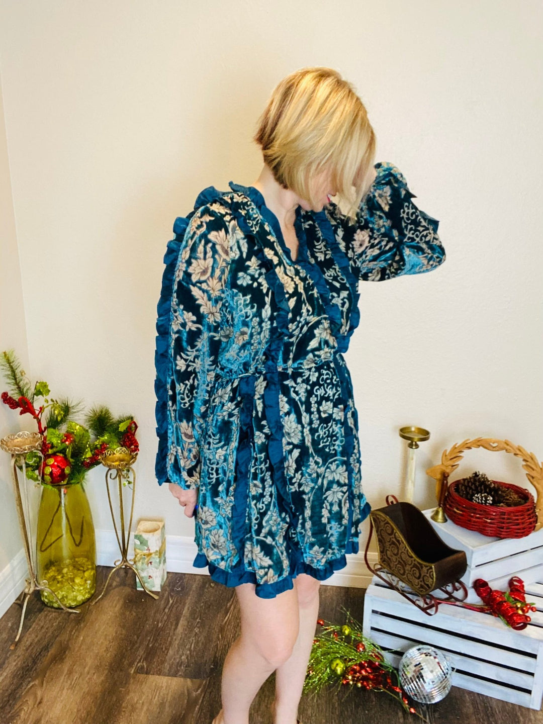 Ruffle Trimmed Velvet Burnout Dress - Lolo Viv Boutique