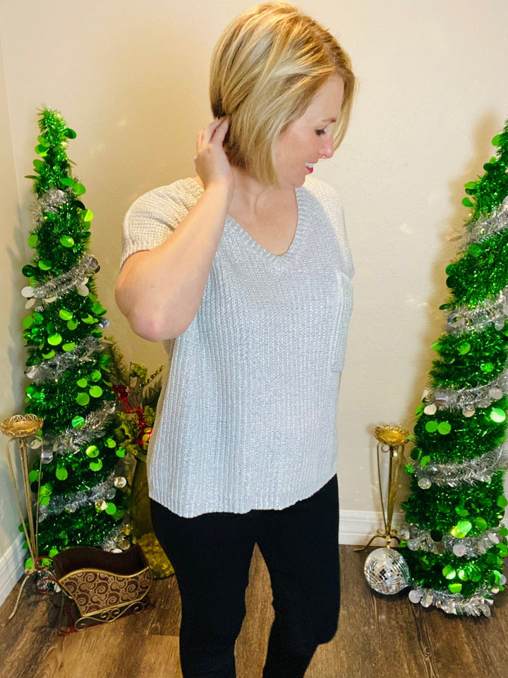 Silver Metallic Short Sleeve Sweater - Lolo Viv Boutique