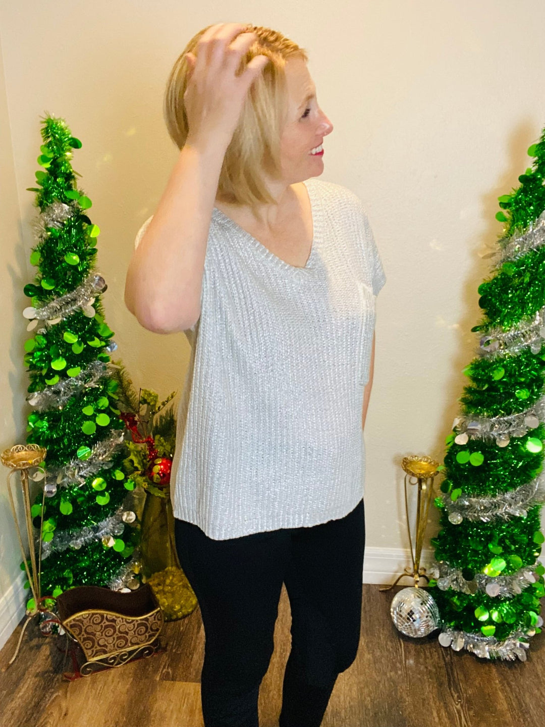 Silver Metallic Short Sleeve Sweater - Lolo Viv Boutique