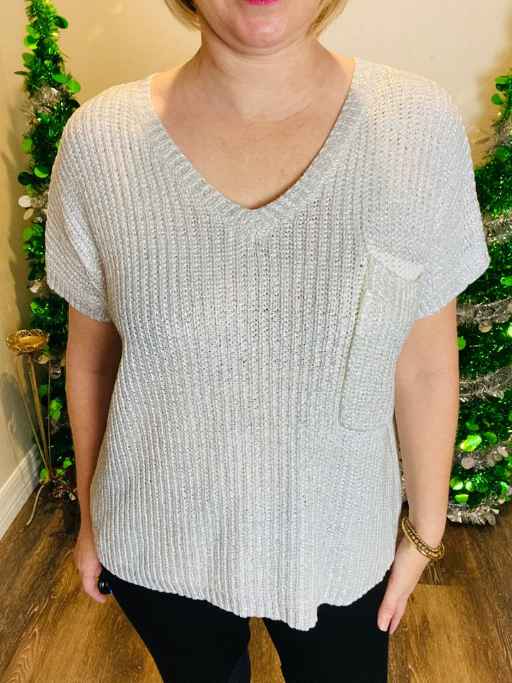 Silver Metallic Short Sleeve Sweater - Lolo Viv Boutique